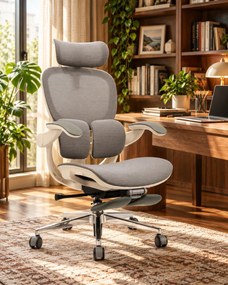 Scaun ergonomic MORATTI D5, Suport lombar dual 360°, Tetieră 4D, Șezut Zero-Pressure Frameless Mesh, Cotiere Flip-Back 4 poziții, Reclinare 135°, Suport picioare, Gri