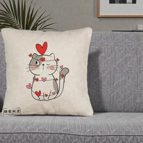 Perna Decorativa Pisica Kawaii cu Inimi, 40x40 cm, Bej Canapea, Husa Detasabila, Perna Inclusa, BEKZ®