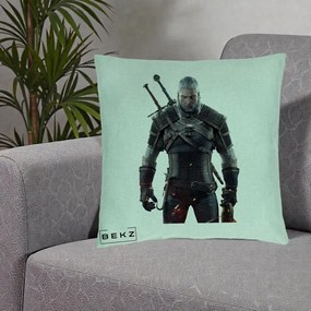 Perna Personalizata The Witcher Geralt of Rivia Portret, 40x40 cm, Verde Menta, Husa Detasabila, Perna Inclusa, BEKZ®