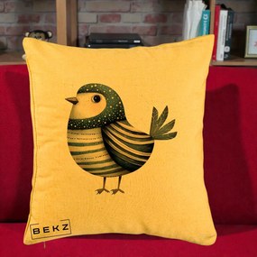 Perna Decorativa Pasare Teal Decorativa Dungata, 40x40 cm, Galben, Husa Detasabila, Perna Inclusa, BEKZ®