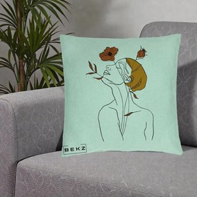 Perna Decorativa Portret Feminin Mac Privire Inalta, 40x40 cm, Verde Menta, Husa Detasabila, Perna Inclusa, BEKZ®