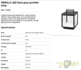 Lampa LED portabila iluminat exterior stil clasic KERALA 74454