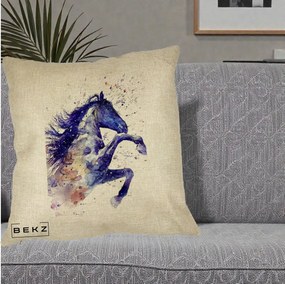 Perna Decorativa Cal Albastru Acuarela, 40x40 cm, Crem, Husa Detasabila, Perna Inclusa, BEKZ®