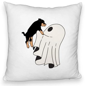 Perna Decorativa Fluffy cu motiv Fantoma si Caine de Halloween, 40x40 cm, Alba, Husa Detasabila, Burduf