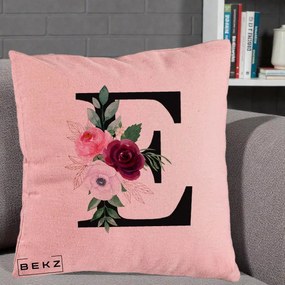 Cadou Personalizat - Perna Personalizata Monograma Florala Litera E, 40x40 cm, Roz, Husa Detasabila, Perna Inclusa, BEKZ®