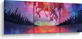 Tablou - Apariția cailor spațiali peste lac, acuarelă (cu ceas) (90x30 cm)