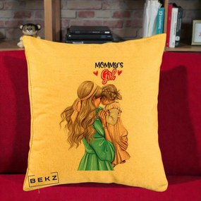 Cadou pentru Mama - Perna Personalizata Mommy's Girl Mama si Fetita, 40x40 cm, Galben, Husa Detasabila, Perna Inclusa, BEKZ®