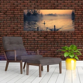 Tablou cu lebăde pe apă în ceață (120x50 cm)