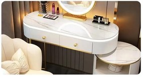 Set ALEGRIA, Masă de toaletă pentru machiaj cu margini iluminate LED, oglindă iluminată LED, control touch, 4 sertare, scaun, Alb