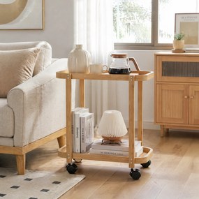 HOMCOM Cărucior de bucătărie din bambus 2 niveluri Cărucior auxiliar pentru bucătărie cu roți 2 rafturi 54x36,5x60 cm Natural | Aosom Romania