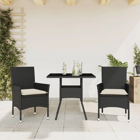 3278599 vidaXL Set mobilier de grădină cu perne 3 piese negru poliratan&sticlă
