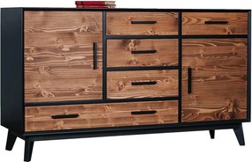Comodă lemn masiv Timeless 5 Sertare 2 Uși Negru, 146 × 45 × 85 cm