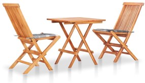 vidaXL Set bistro cu perne gri carouri, 3 piese, lemn masiv de tec