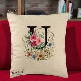 Cadou Personalizat - Perna Personalizata Monogram Litera U cu Flori Acuarela, 40x40 cm, Bej, Husa Detasabila, Perna Inclusa, BEKZ®