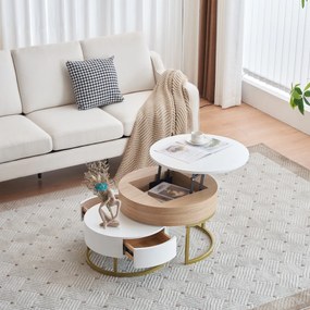 Set de Măsuțe de Cafea Suprapozabile Reglabile pe Înălțime cu Două Sertare, Design Elegant din MDF, 70x70x42/56,5 + 60x60x24 cm, Alb