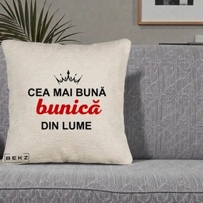 Cadou pentru Bunica - Perna Personalizata Cea Mai Buna Bunica Din Lume Coroana Neagra, 40x40 cm, Bej Canapea, Husa Detasabila, Perna Inclusa, BEKZ®