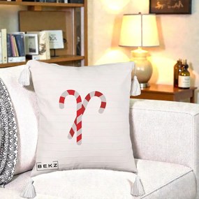 Perna Decorativa Candy Cane de Craciun, 40x40 cm, Bej cu Franjuri, Husa Detasabila, Perna Inclusa, BEKZ®