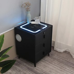 Noptieră inteligentă multifuncțională, 3 sertare cu maner, blocare cu amprentă, LED-uri tactile, 3 tipuri de culoare, încărcare fără fir, Difuzor Bluetooth, incarcare USB, sticla securizata, Negru