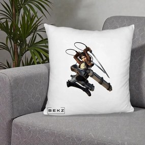 Perna Personalizata Attack on Titan Eren Yeager Lupta, 40x40 cm, Alb Pufos, Husa Detasabila, Perna Inclusa, BEKZ®