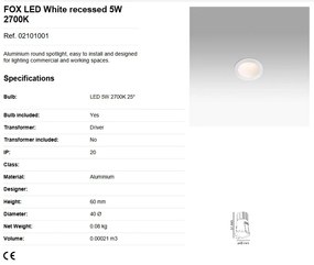 Spot LED dimabil / incastrabil tavan / plafon FOX alb 5W