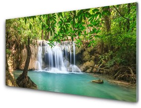 Tablou pe sticla Cascada Lacul Natural Pădurea Verde Maro Albastru Alb