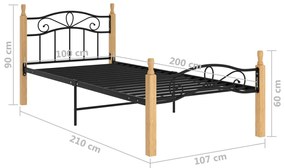 Cadru de pat, negru, 100x200 cm, metal si lemn masiv stejar Maro deschis, 100 x 200 cm