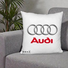 Perna Personalizata cu emblema Audi, 40x40 cm, Alb Pufos, Husa Detasabila, Perna Inclusa, BEKZ®