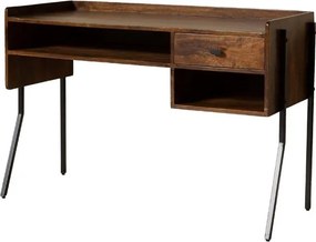 Birou vintage din lemn de mango și metal, cu blat maro antichizat, 1 sertar și picioare din metal negru, finisaj satinat, 117.5×50×80.5 cm, „Flow"