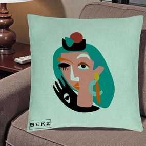 Perna Decorativa Portret Abstract Matisse Turcoaz, 40x40 cm, Verde Menta, Husa Detasabila, Perna Inclusa, BEKZ®