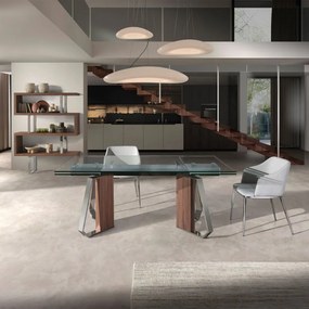 Masa extensibila design LUX Sticla, Furnir de Nuc, Otel 1159
