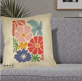 Perna Decorativa Flori Grafice Roz-Rosu-Albastru, 40x40 cm, Crem, Husa Detasabila, Perna Inclusa, BEKZ®