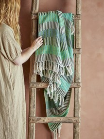 Pătură rustică din bumbac reciclat, cu dungi turcoaz, verde și antracit, cu franjuri, „Isnel", 160 x 130 cm