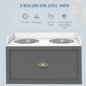 PawHut Boluri Înălțate pentru Câini din Oțel Inoxidabil și Lemn cu Sertar, 60x30x36 cm, Gri | Aosom Romania