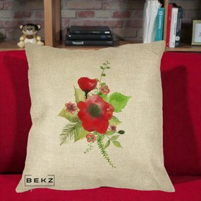 Perna Decorativa Buchet Rosu Acuarela, 40x40 cm, Crem, Husa Detasabila, Perna Inclusa, BEKZ®