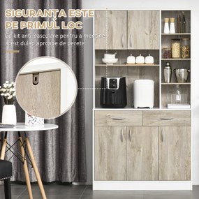 HOMCOM Bufet de Bucătărie Spațios, Dulap cu Sertare și Uși, Design Modern, 100x39x180 cm, Alb și Lemn Natural | Aosom Romania