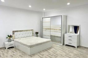 Dormitor Palermo, culoare alb, cu pat tapitat 160 x 200 cm, dulap cu 2 usi, comoda cu oglinda, 2 noptiere