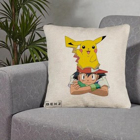 Perna Personalizata Ash si Pikachu, 40x40 cm, Bej Canapea, Husa Detasabila, Perna Inclusa, BEKZ®