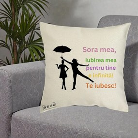 Cadou pentru Sora - Perna Personalizata Sora Mea Te Iubesc Siluete Colorate Umbrela, 40x40 cm, Ecru, Husa Detasabila, Perna Inclusa, BEKZ®