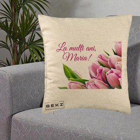 Cadou de Onomastica - Perna Personalizata La Multi Ani Maria Lalele, 40x40 cm, Bej, Husa Detasabila, Perna Inclusa, BEKZ®