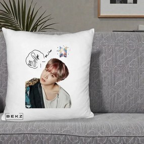 Perna Personalizata K-pop BTS J-Hope Par Roz Autograf, 40x40 cm, Alb Pufos, Husa Detasabila, Perna Inclusa, BEKZ®
