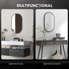 HOMCOM Oglindă Baie Ovală de Perete cu Ramă din Aluminiu, Verticală sau Orizontală, 40 x 70 cm, Negru | Aosom Romania