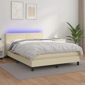 Pat cu arcuri, cu saltea  LED, crem, 140x190 cm, piele eco Crem, 140 x 190 cm, Design simplu