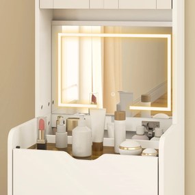 HOMCOM Stație de Machiaj cu Lumini LED în 3 Culori, Oglindă Rabatabilă, Scaun Ascuns, Măsuță de Machiaj cu Scaun Îmbunătățit, 3 Sertare, Compartiment, Dulap cu Uși din Sticlă, Modern, Alb | Aosom Romania