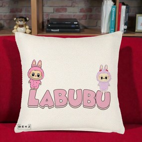Perna Personalizata Labubu Duo Roz-Lila cu Text, 40x40 cm, Crem Reliefat, Husa Detasabila, Perna Inclusa, BEKZ®