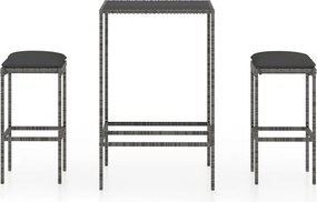 vidaXL Set mobilier bar de grădină, cu perne, 3 piese, gri, poliratan
