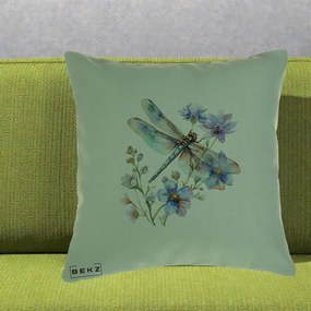 Perna Decorativa Libelula Acuarela Flori Albastre, 40x40 cm, Verde, Husa Detasabila, Perna Inclusa, BEKZ®