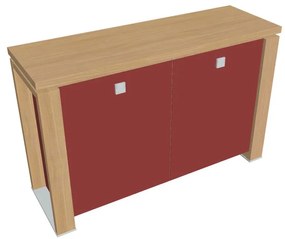 Dulap mic Verno+ S 140 x 46 x 90 cm, uși de sticlă, stejar deschis / roșu