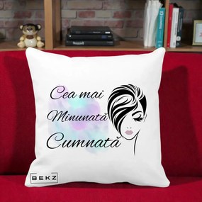 Cadou pentru Cumnata - Perna Personalizata Cea mai Minunata Cumnata cu Silueta Dama si Pete Multicolor, 40x40 cm, Alba Mata, Husa Detasabila, Perna Inclusa, BEKZ®