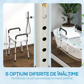 HOMCOM Scaun de Duș din Aluminiu, Reglabil pe Înălțime, cu Cotiere și Picioare Antiderapante, Alb | Aosom Romania