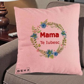 Cadou pentru Mama - Perna Personalizata Mama Te Iubesc Flori Albastre, 40x40 cm, Roz, Husa Detasabila, Perna Inclusa, BEKZ®